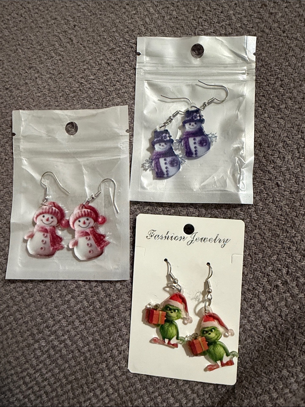 Holiday Snowman and Grinch Dangle Earrings Set - Pink, Purple, Green